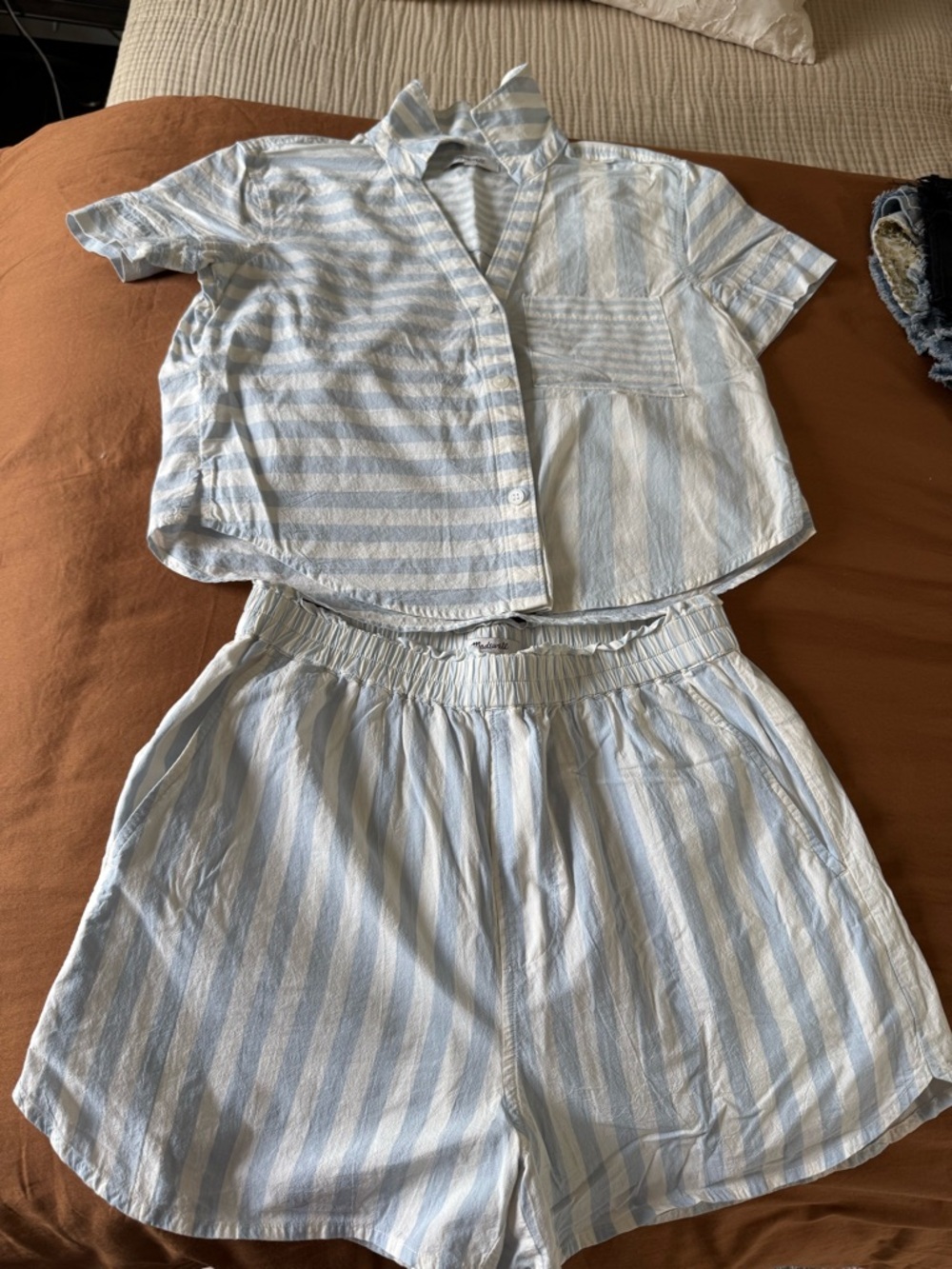 Madewell Light Blue & White Striped Button-Up Shirt and Short Set